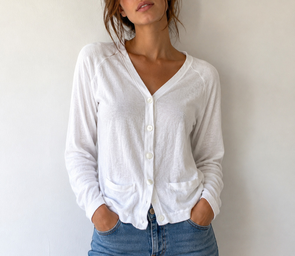VLAS BLOMME White Linen Knit V-Neck Cardigan Top Size 2 Japan